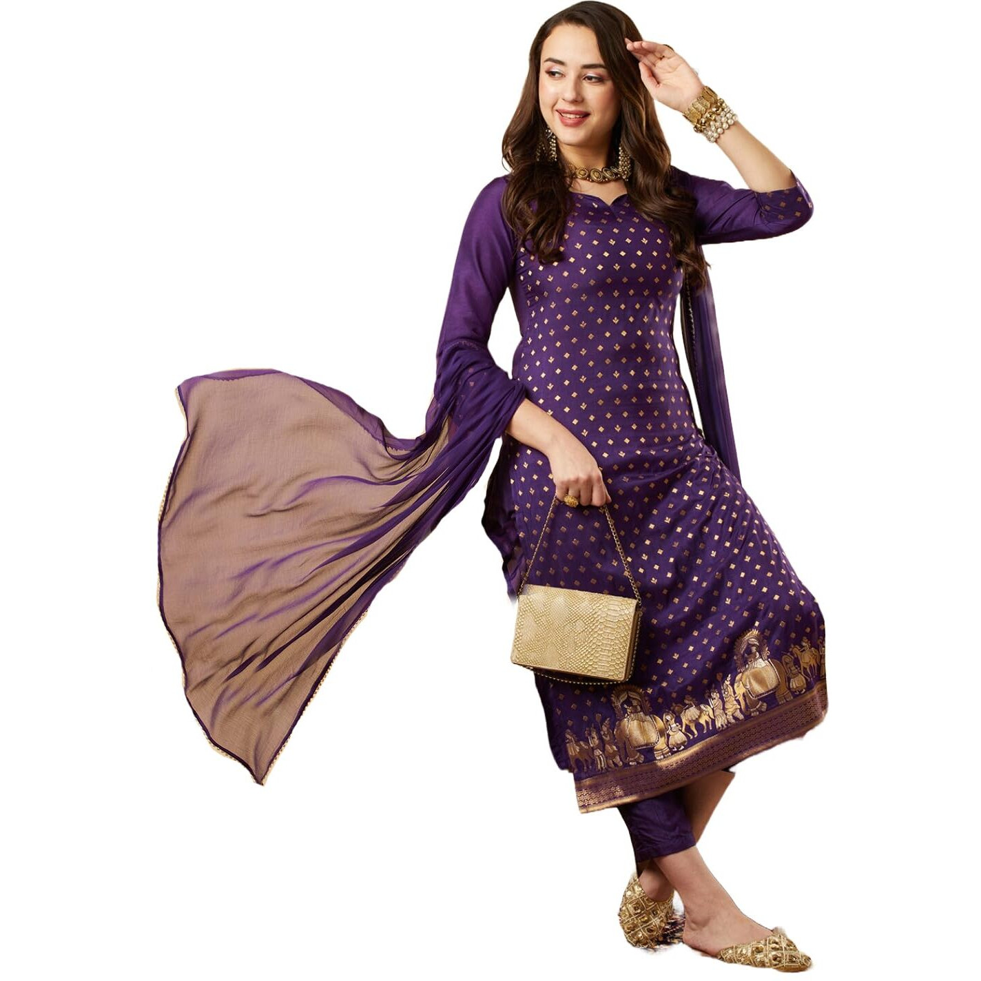 Gosriki Women's Cotton Blend Straight Printed Kurta With Pant & Dupatta (Zaklina Purple-Nw-Gs_S_Purple_Small)