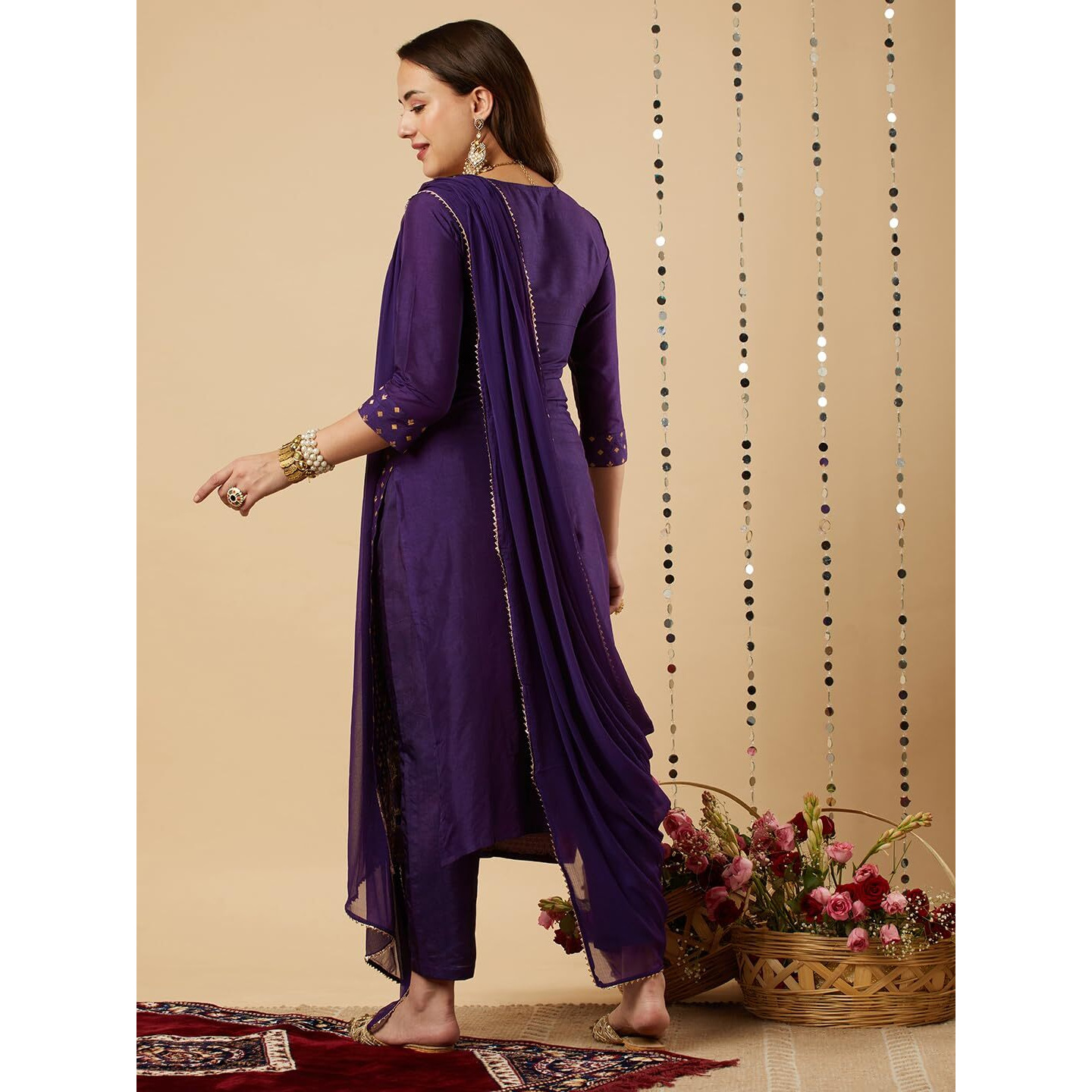 Gosriki Women's Cotton Blend Straight Printed Kurta With Pant & Dupatta (Zaklina Purple-Nw-Gs_S_Purple_Small)