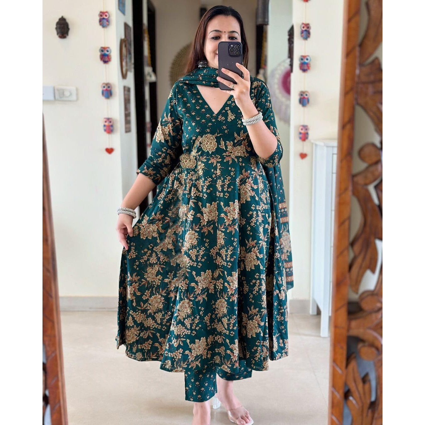 Gosriki Women's Rayon Blend Anarkali Printed Kurta With Pant & Dupatta (Navneeta Dark Green-Gs_S_Dark Green_Small)