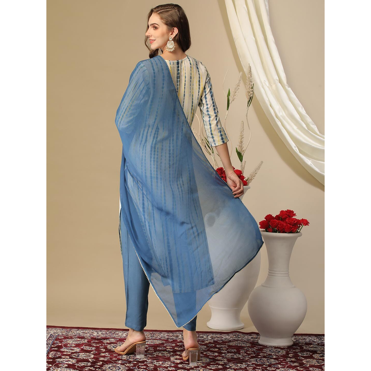 Gosriki Women's Rayon Blend Straight Printed Kurta With Pant & Dupatta (Tiedye Light Blue-Gs_M_Light Blue_Medium)