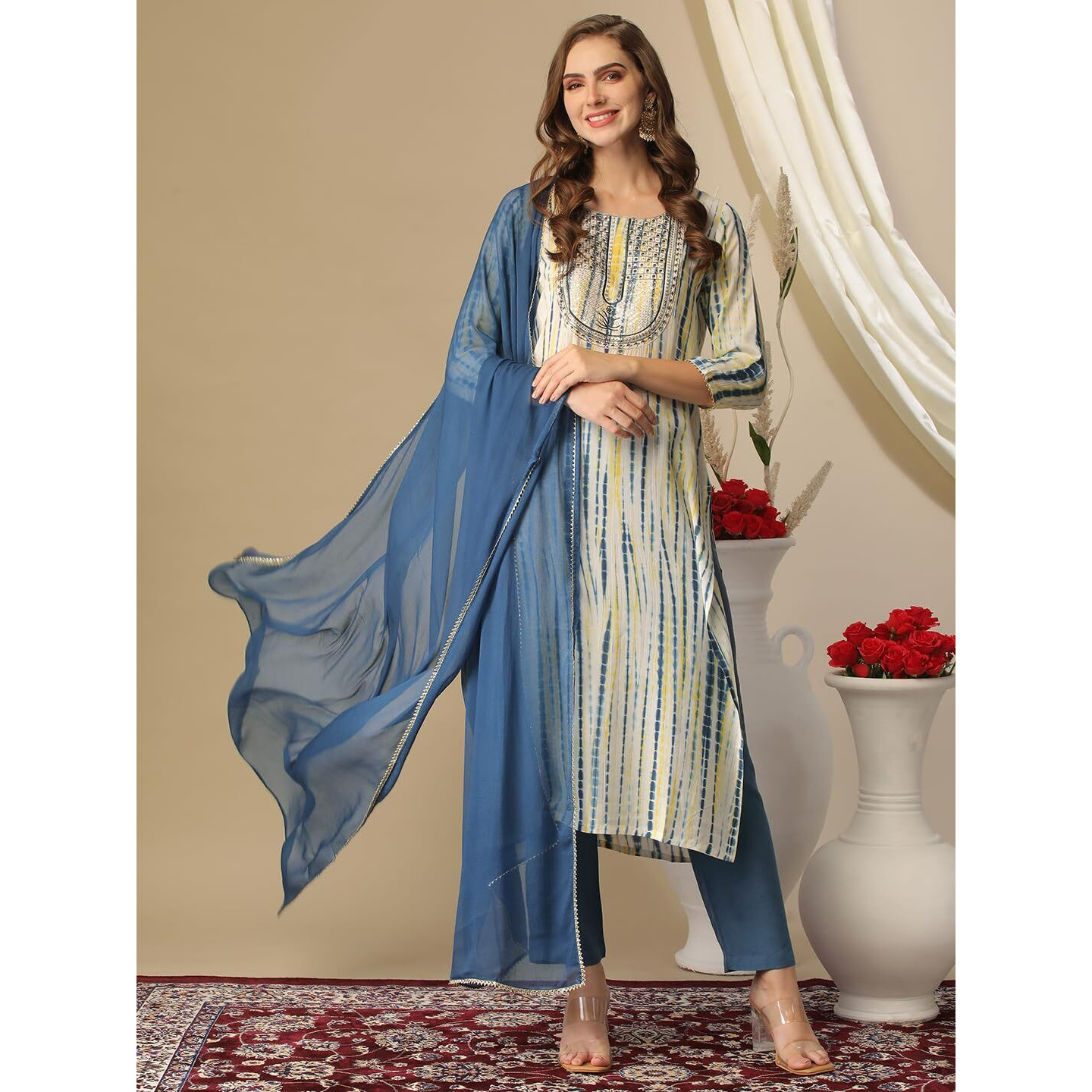 Gosriki Women's Rayon Blend Straight Printed Kurta With Pant & Dupatta (Tiedye Light Blue-Gs_M_Light Blue_Medium)