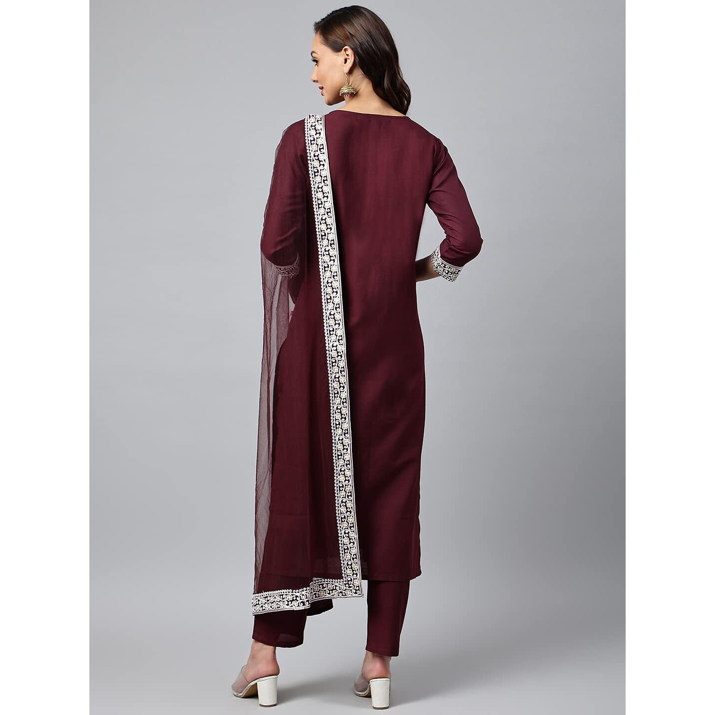 Gosriki Women's Cotton Blend Straight Embroidered Kurta With Pant & Dupatta (Tistha Maroon_Xl-Go_Maroon_X-Large)