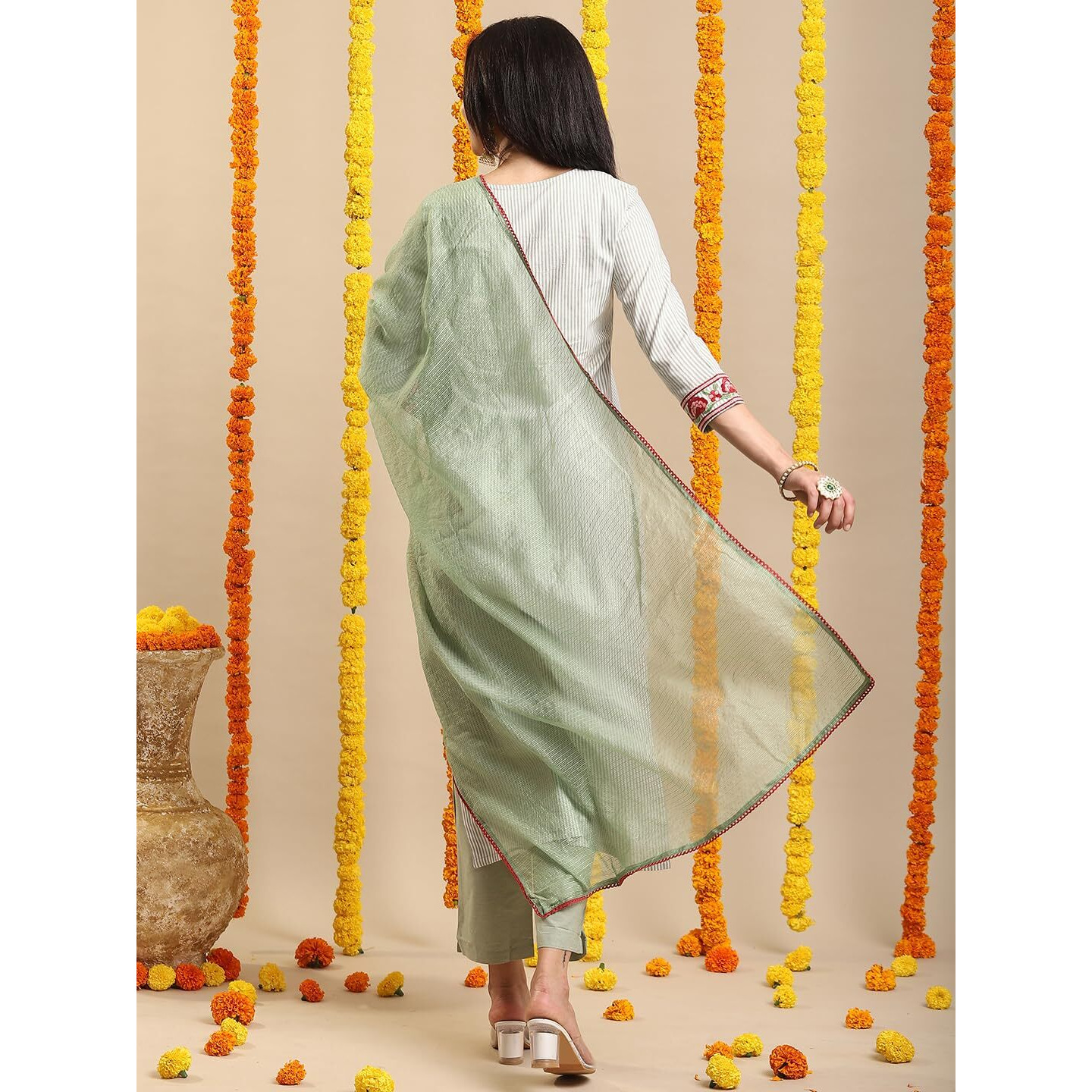 Gosriki Women's Rayon Blend Embroidered Straight Kurta With Pant & Dupatta (Farigup-Green-Vks01-Gs_M_Green_Medium)