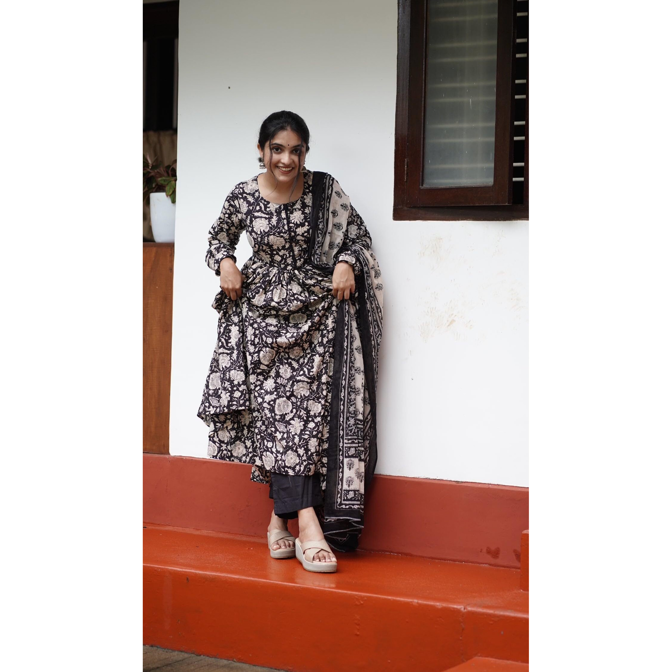 Gosriki Women's Rayon Blend Anarkali Printed Kurta With Pant & Dupatta (Lilac Black-Gs_S_Black_Small)