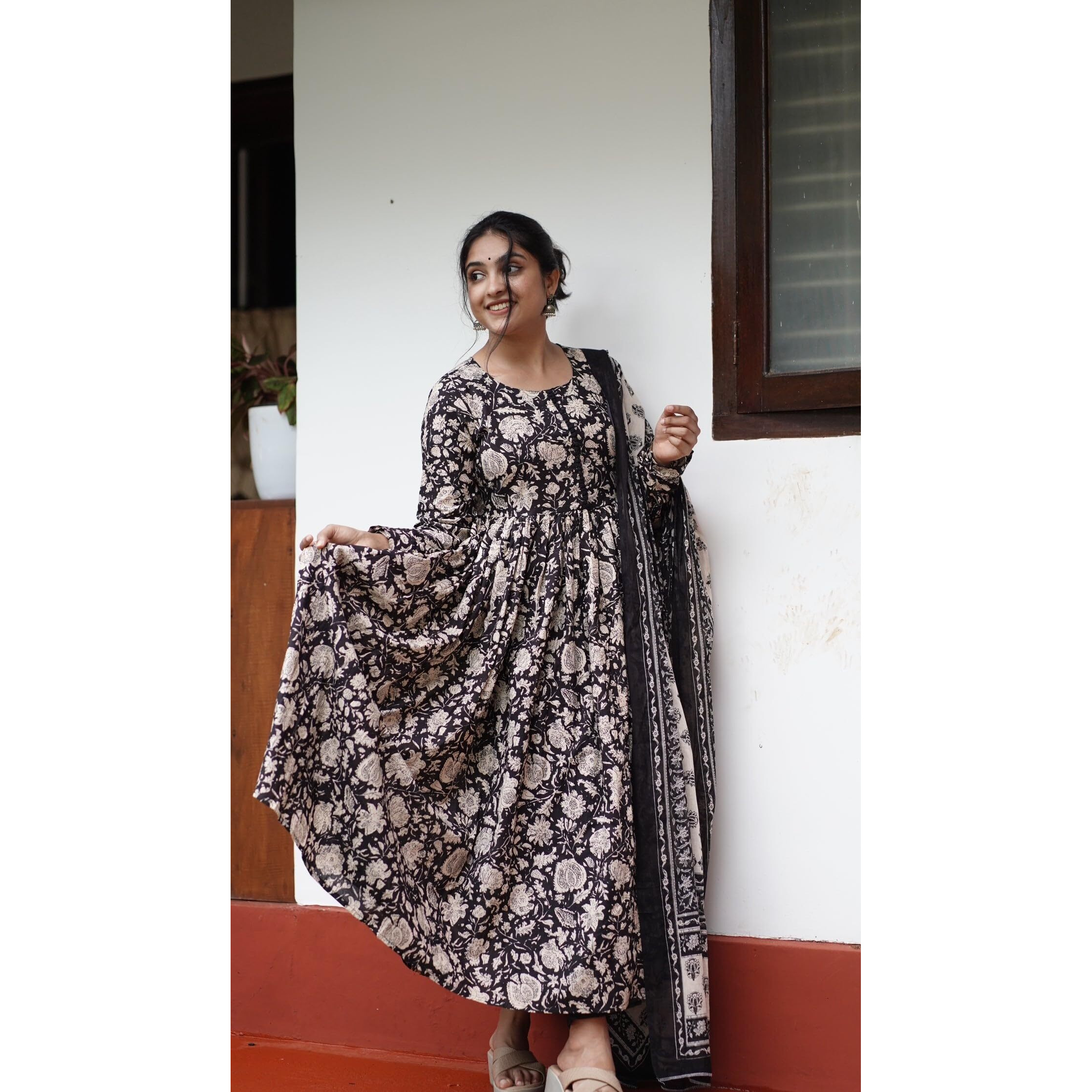 Gosriki Women's Rayon Blend Anarkali Printed Kurta With Pant & Dupatta (Lilac Black-Gs_S_Black_Small)