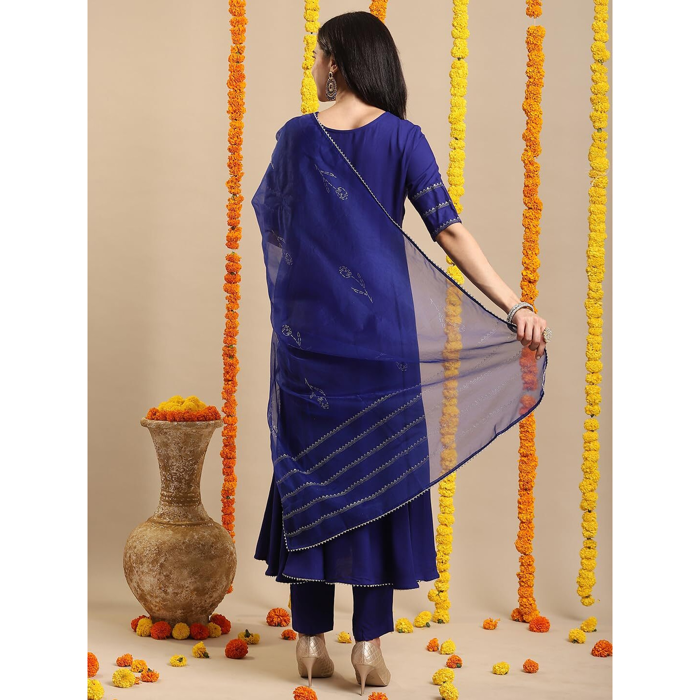 Gosriki Women's Rayon Blend Anarkali Solid Kurta With Pant & Dupatta (Nirmooha Royal Blue-Vks02-Gs_Xl_Blue_X-Large)