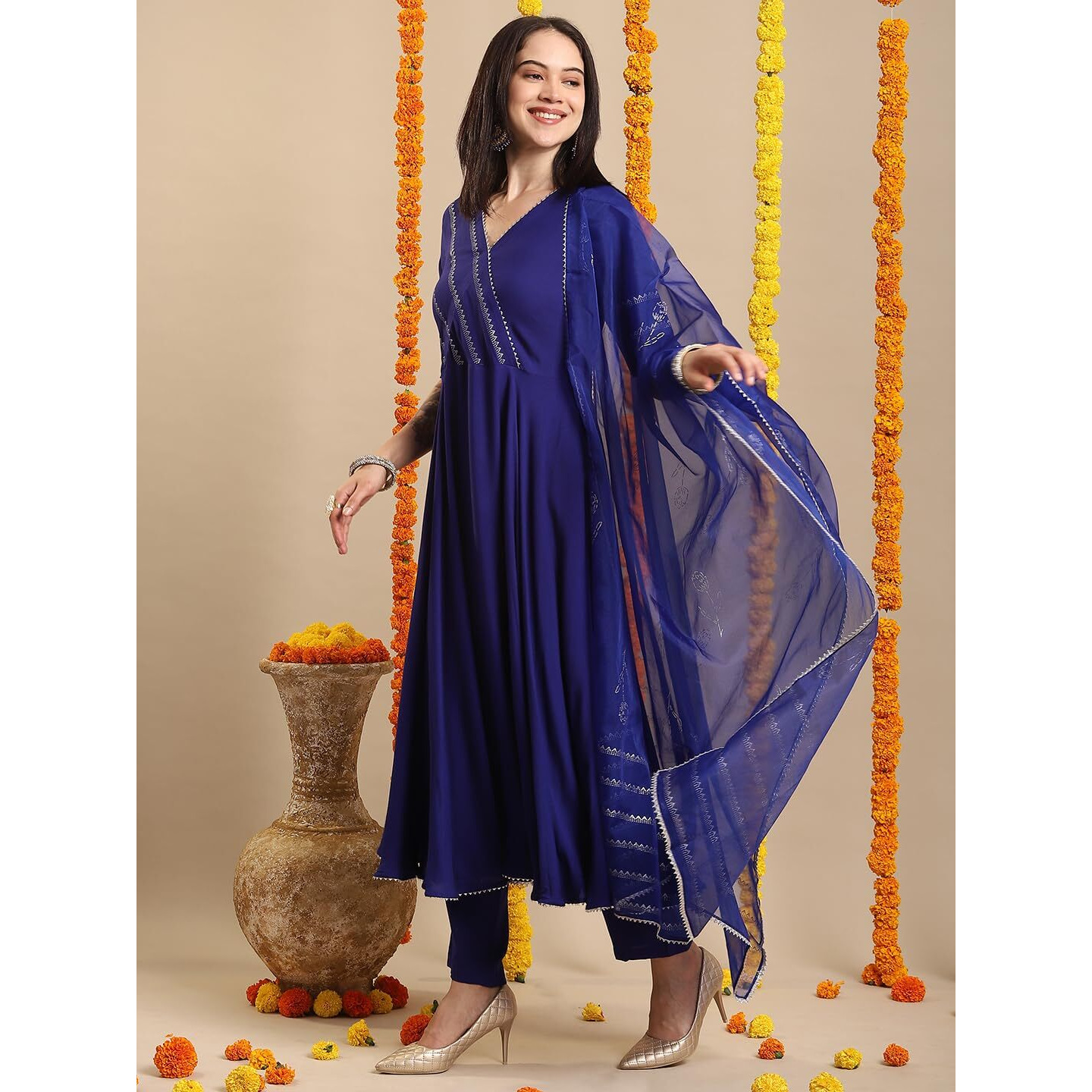 Gosriki Women's Rayon Blend Anarkali Solid Kurta With Pant & Dupatta (Nirmooha Royal Blue-Vks02-Gs_Xl_Blue_X-Large)