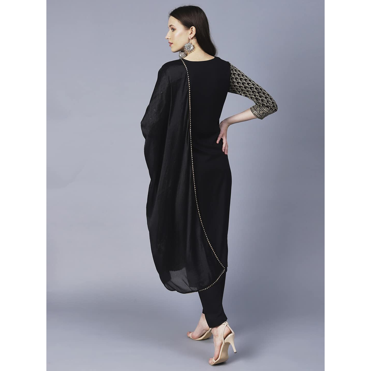 Gosriki Women's Cotton Blend Embroidered Straight Kurta With Pants & Dupatta (Dumas-Black-Gs_S_Black_Small)