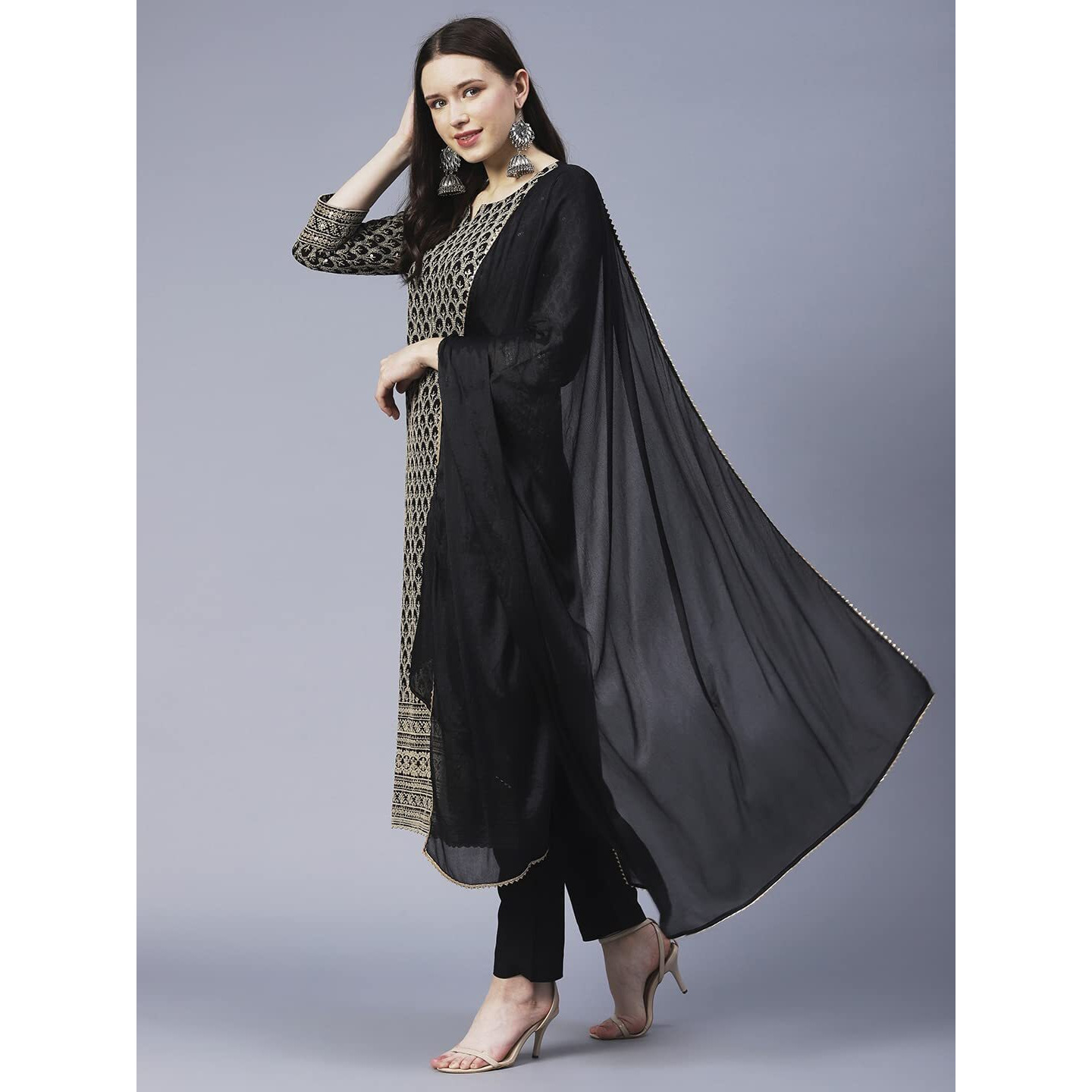 Gosriki Women's Cotton Blend Embroidered Straight Kurta With Pants & Dupatta (Dumas-Black-Gs_S_Black_Small)
