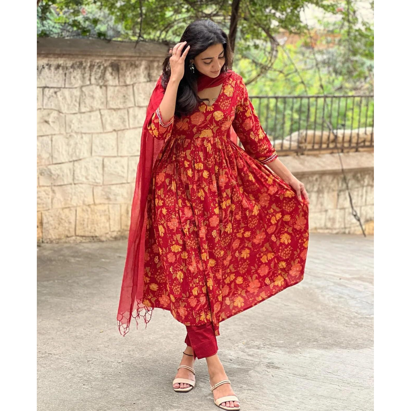 Gosriki Women's Rayon Blend Anarkali Printed Kurta With Pant & Dupatta (Roni Red-Gs_Xl_Red_X-Large)