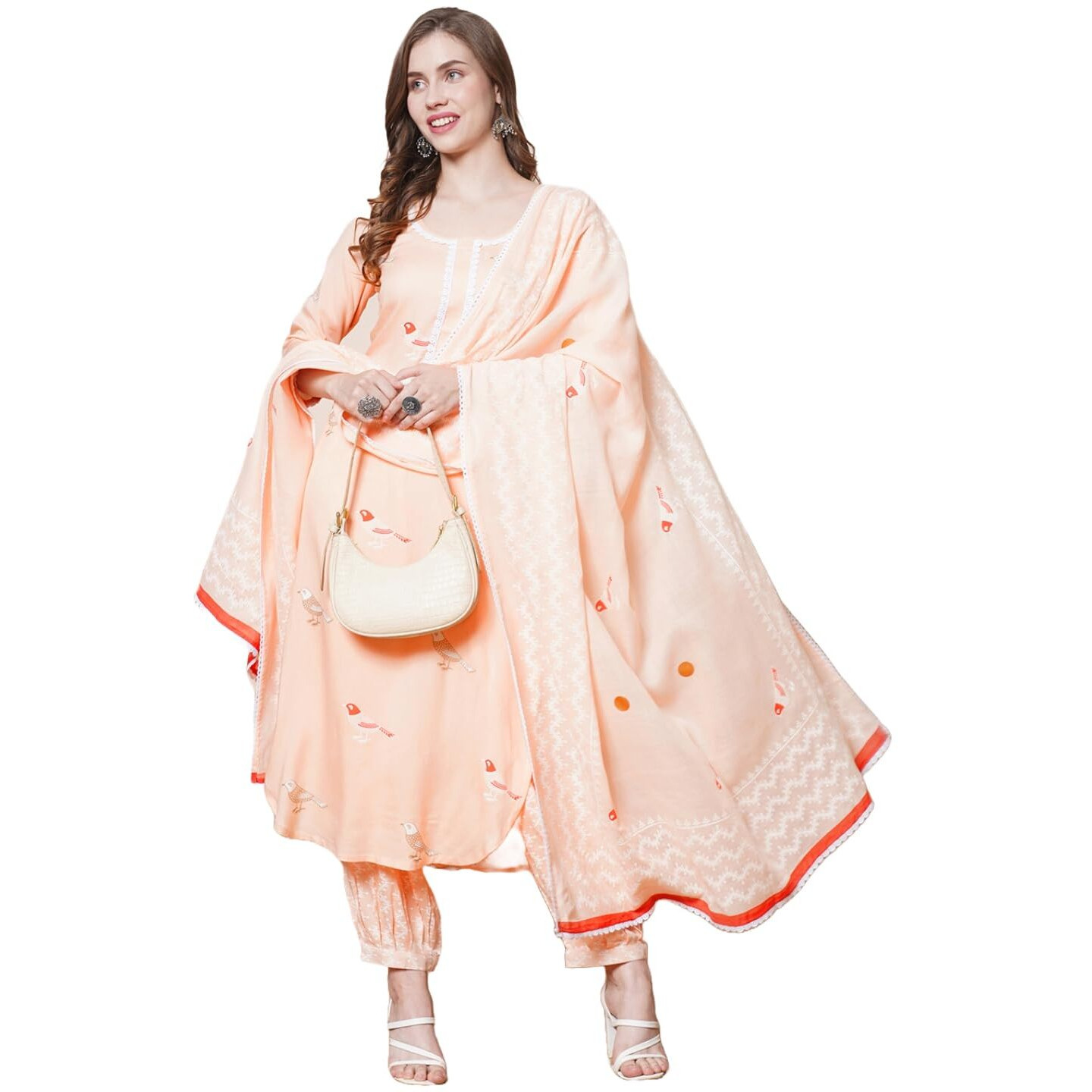 Gosriki Women's Rayon Blend Straight Hand Block Printed Kurta With Pant & Dupatta (Ragsri Peach-Vks03-Gs_S_Peach_Small)