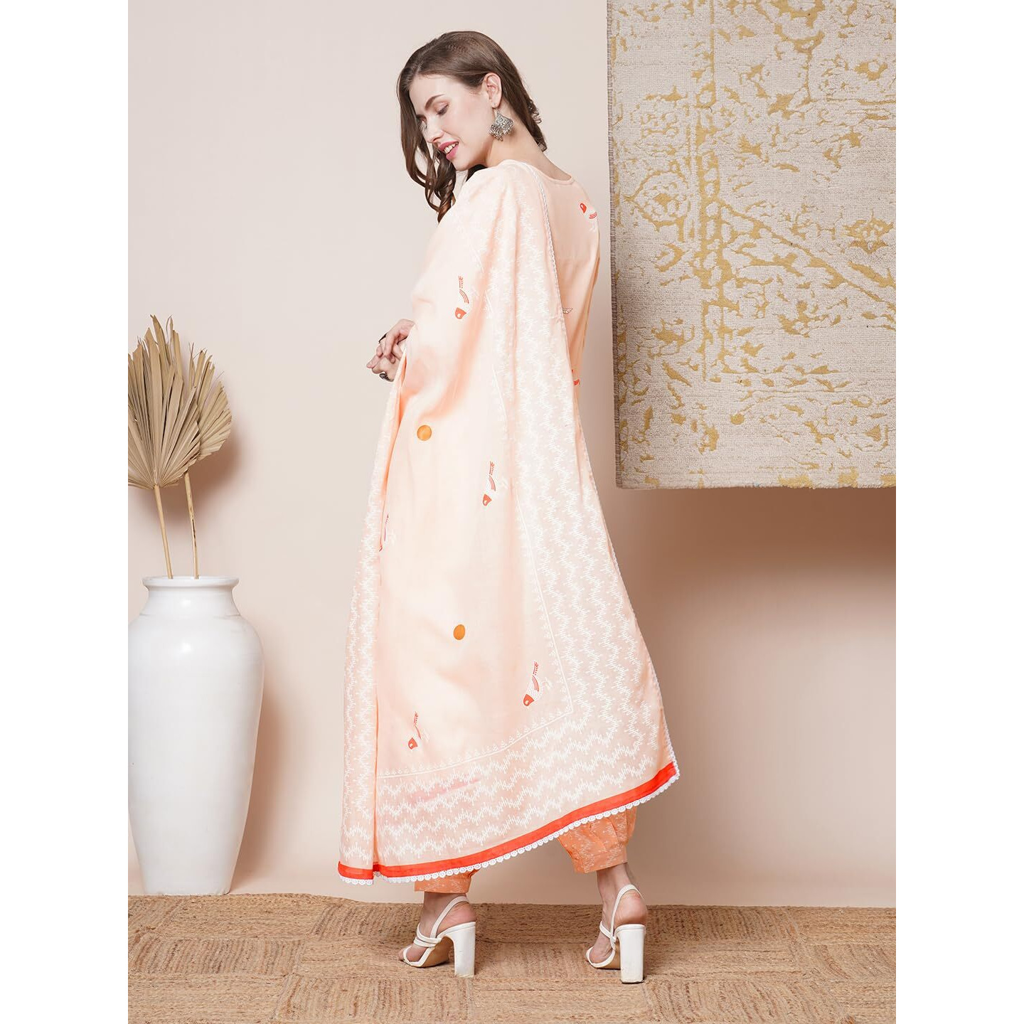 Gosriki Women's Rayon Blend Straight Hand Block Printed Kurta With Pant & Dupatta (Ragsri Peach-Vks03-Gs_S_Peach_Small)