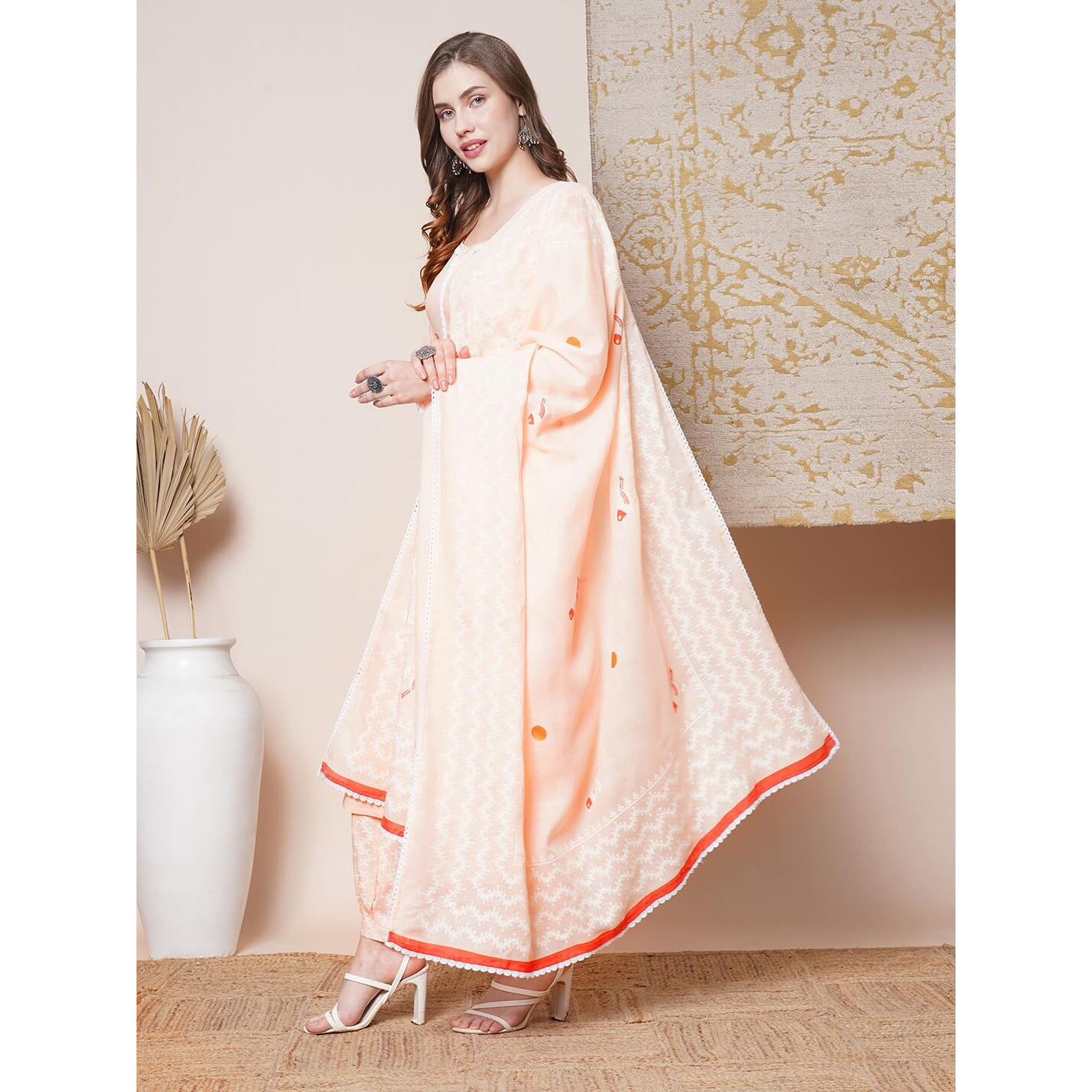 Gosriki Women's Rayon Blend Straight Hand Block Printed Kurta With Pant & Dupatta (Ragsri Peach-Vks03-Gs_S_Peach_Small)