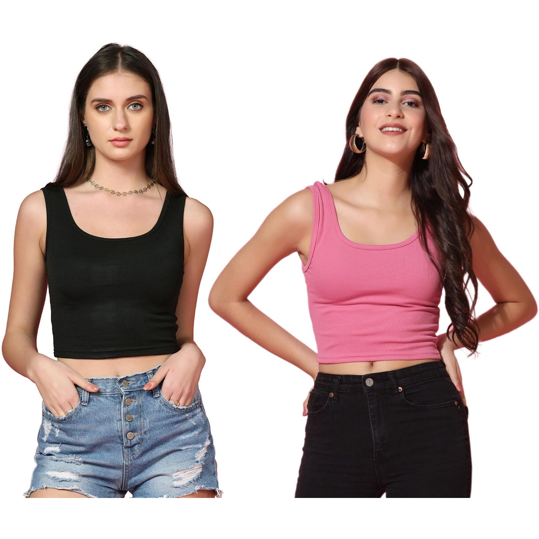 Toplot Women's Combo Solid Ribbed Scoop Neck Sleeveless Slim Fit Tank Top Pack Of 2 (Combo-5069-Blk-Pnk-L)
