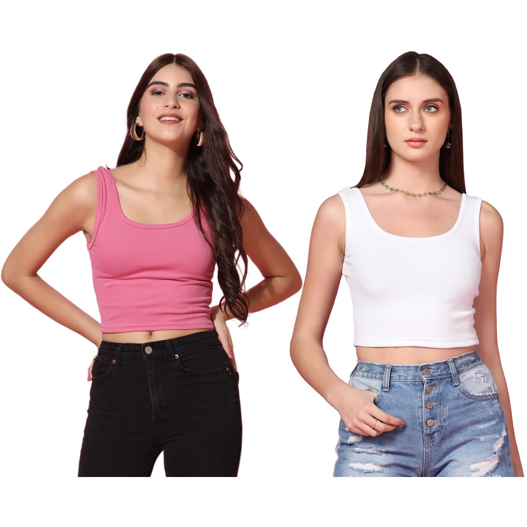 Toplot Women's Combo Solid Ribbed Scoop Neck Sleeveless Slim Fit Tank Top Pack Of 2 (Combo-5069-Pnk-Wht-L)
