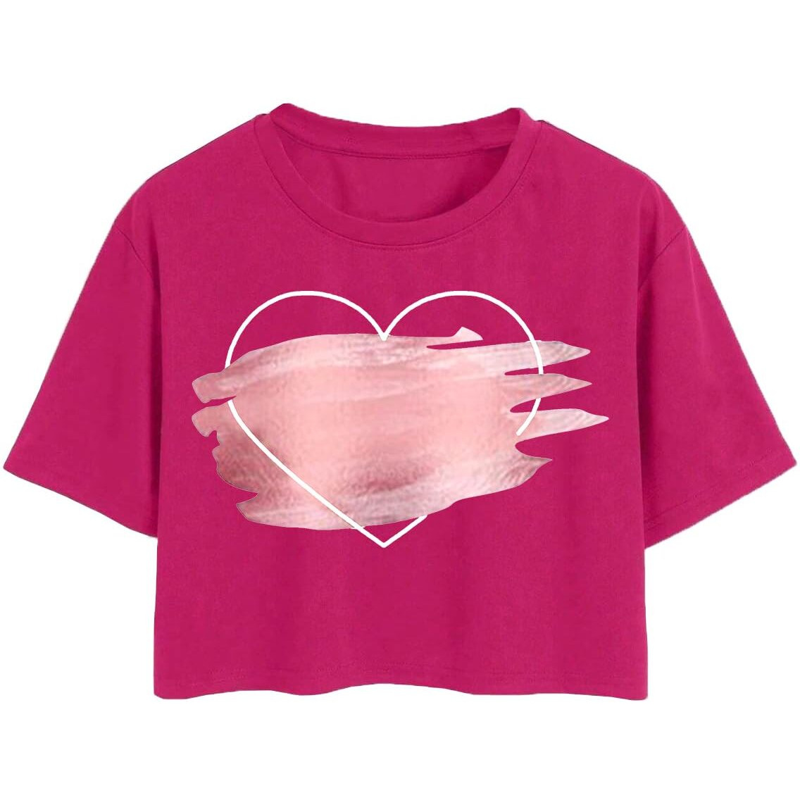 Toplot Heart Printed Round Neck Crop Top For Women (Big-Heart-Top-5201-Pink-S)
