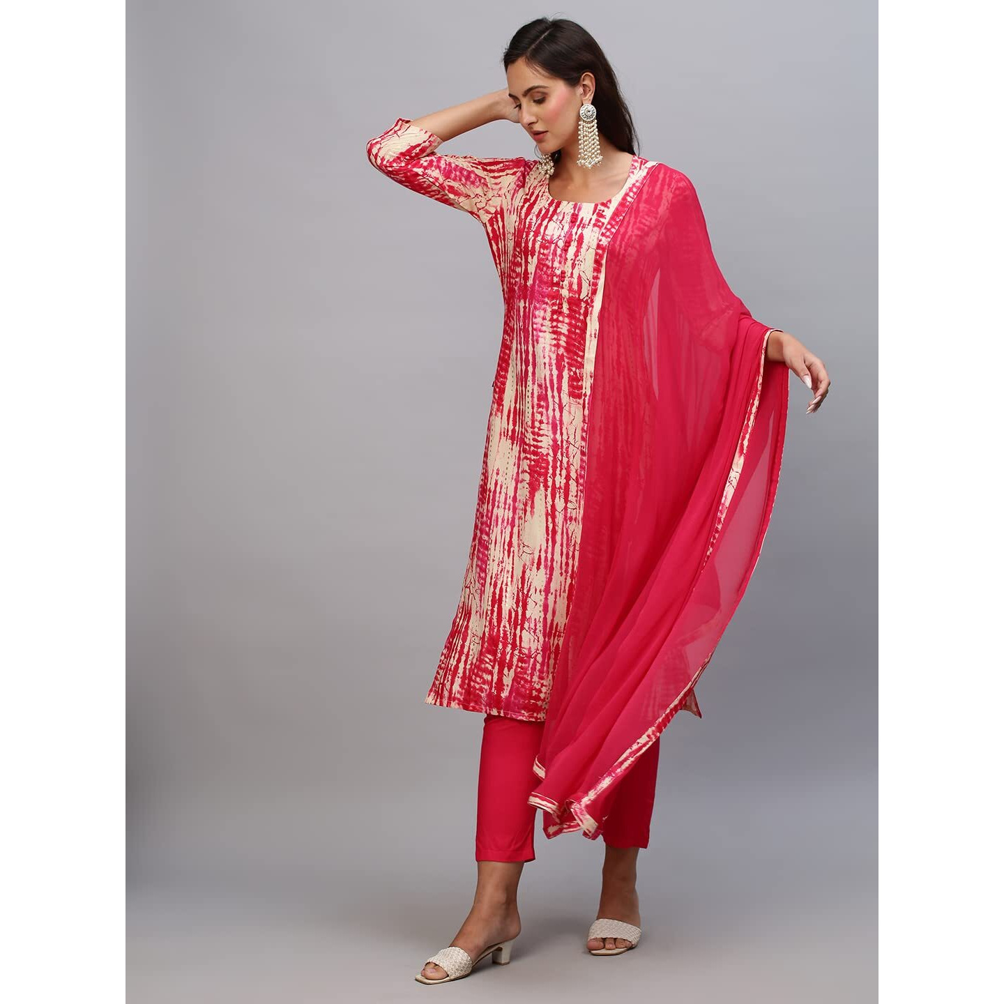 Gosriki Women's Cotton Blend Printed Straight Kurta With Pant & Dupatta (Chitkabra-Pink-Gs_Xxl_Pink_Xx-Large)