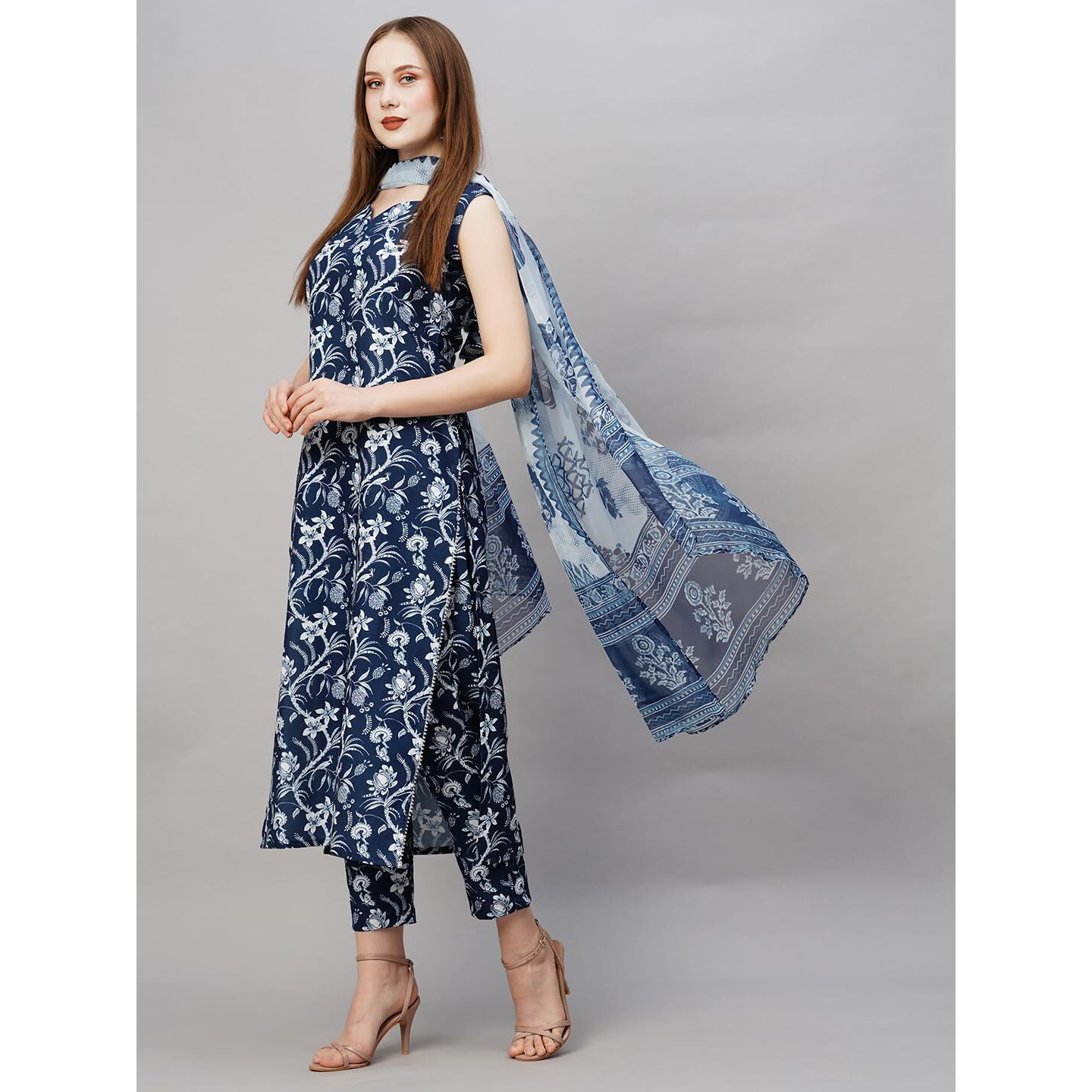 Gosriki Women's Rayon Blend Straight Printed Kurta With Pant & Dupatta (Ball-Blue-Nw-Gs_L_Blue_Large)