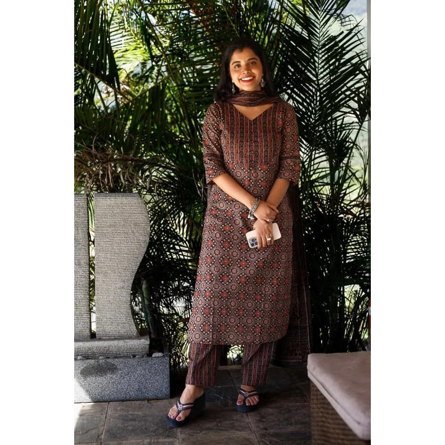 Gosriki Women's Rayon Blend Straight Printed Kurta With Pant & Dupatta (Kolam Brown-Gs_Xl_Brown_X-Large)