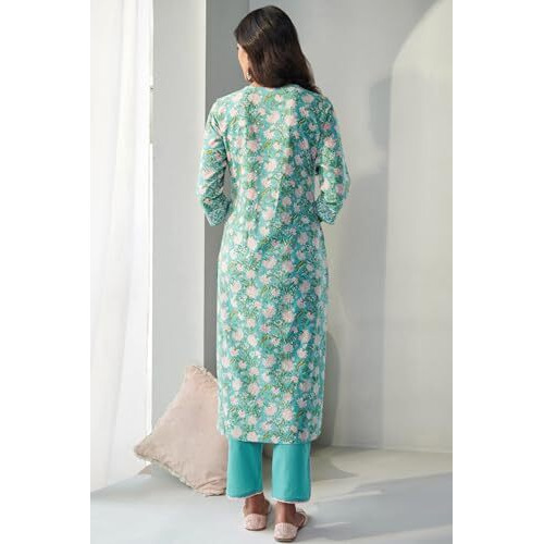 Gosriki Women's Cotton Blend Straight Printed Kurta With Pant & Dupatta (Made Green_M-Go_Green_Medium)