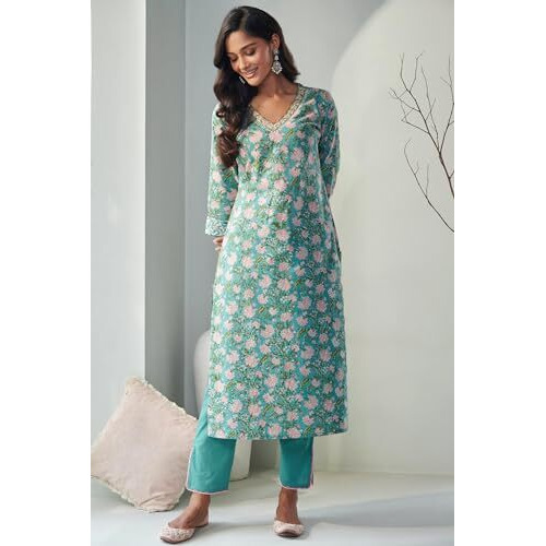 Gosriki Women's Cotton Blend Straight Printed Kurta With Pant & Dupatta (Made Green_M-Go_Green_Medium)