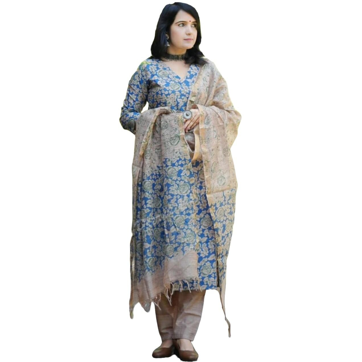 Gosriki Women's Cotton Blend Printed Straight Kurta With Pant & Dupatta (Moringa Blue-Jm-Gs_S_Blue_Small)