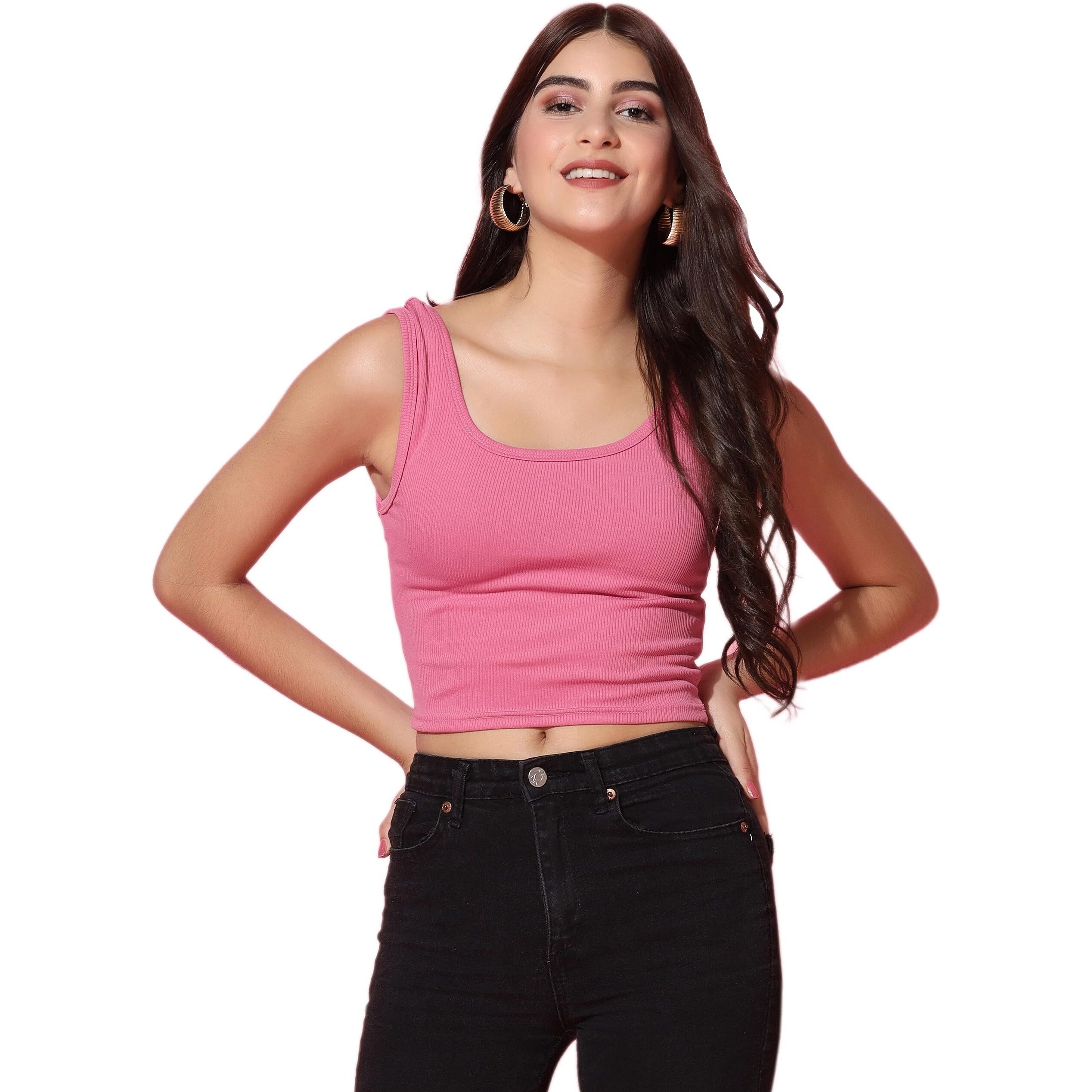 Toplot Women's Solid Ribbed Round Neck Sleeveless Slim Fit Tank Top (Tank-Top-5069-Pink-M)
