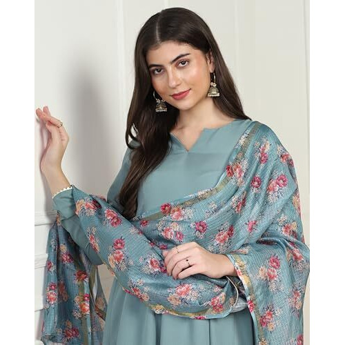 Toplot Women Solid Flared A-Line Kurta With Pant And Dupatta Suit Set | Kurta Set (Anarkali-Set-5196-Rama-Xxl)