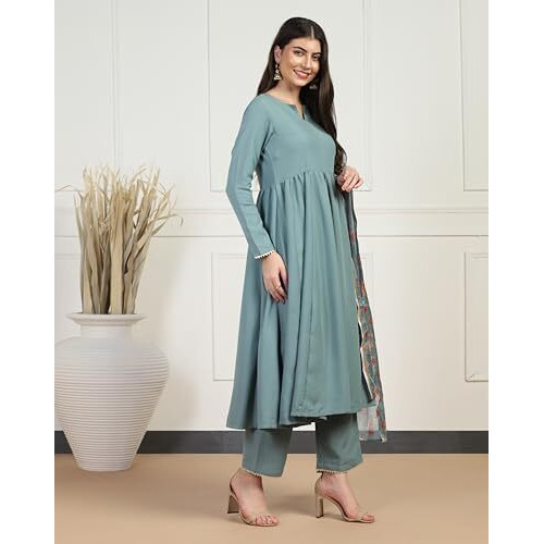 Toplot Women Solid Flared A-Line Kurta With Pant And Dupatta Suit Set | Kurta Set (Anarkali-Set-5196-Rama-Xxl)