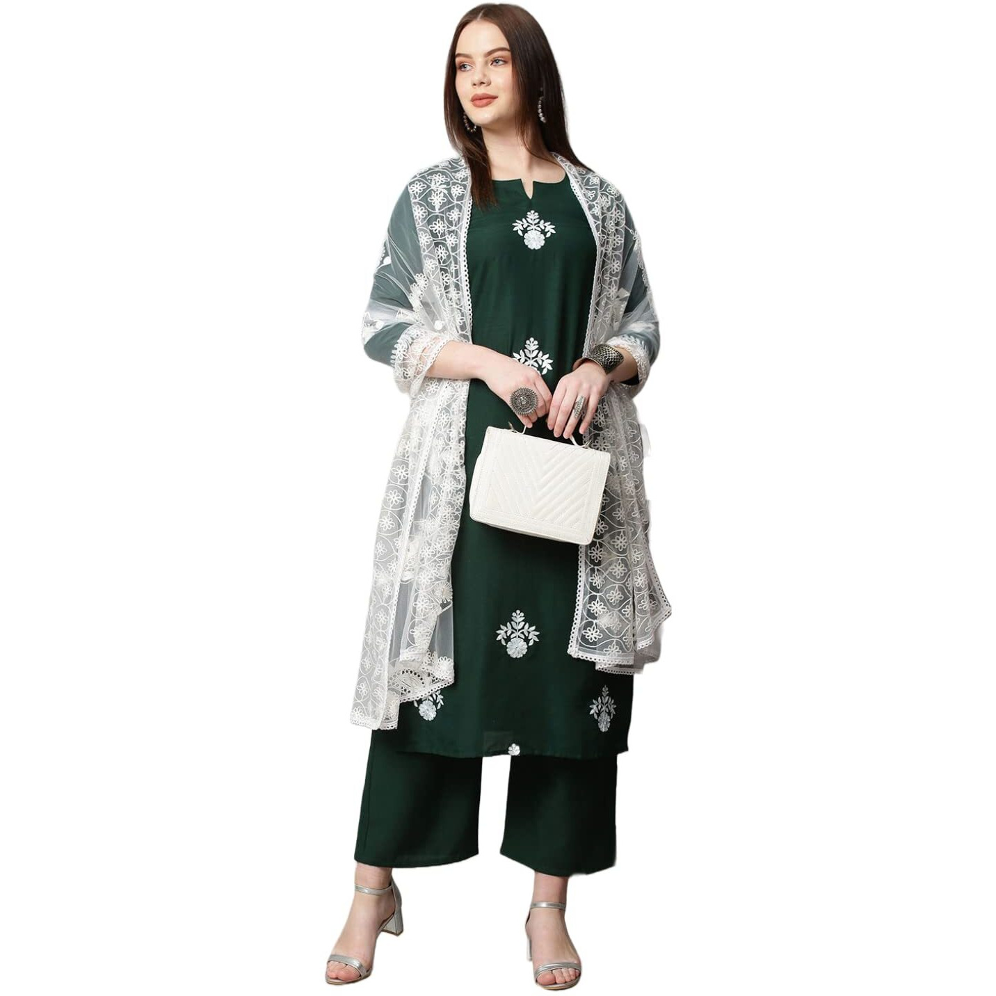 Gosriki Women's Cotton Blend Kurta With Palazzo & Dupatta (Coin-Go_Green_Small)