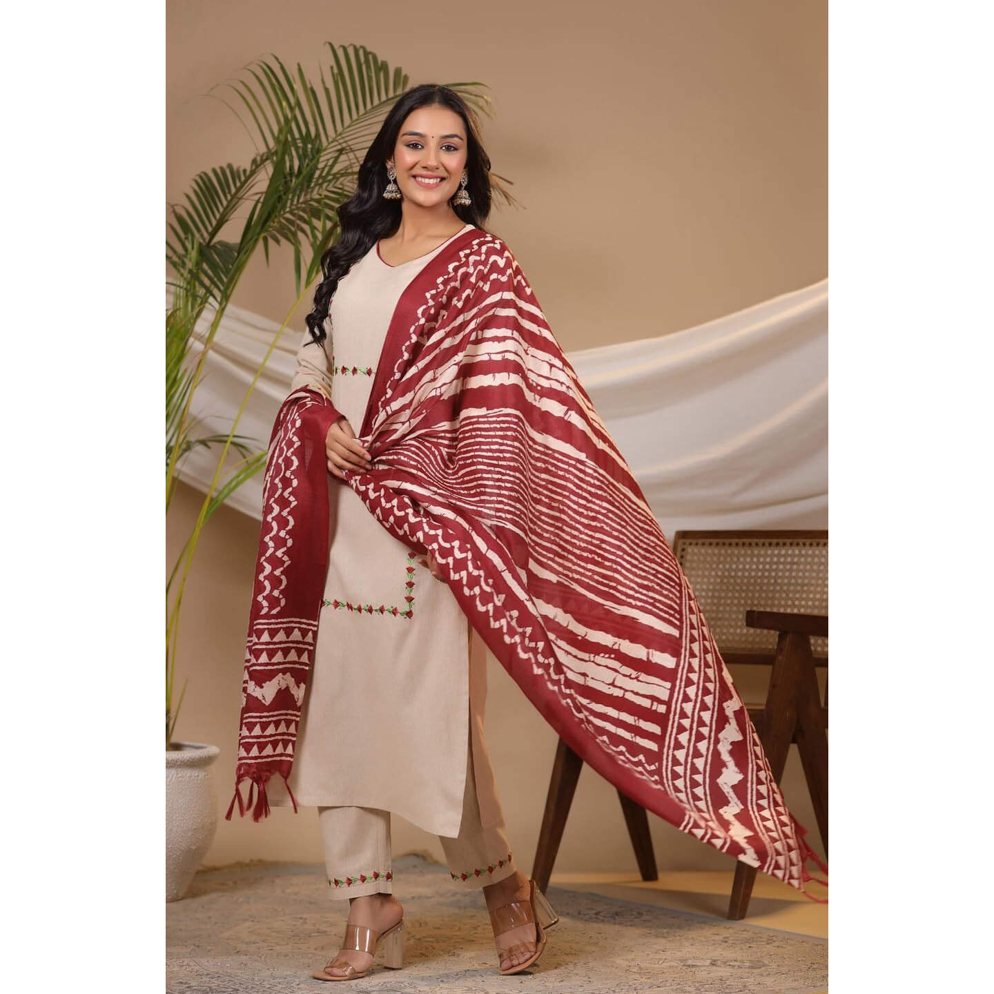 Gosriki Women's Cotton Blend Straight Embroidered Kurta With Pant & Dupatta (Dd Beige-Gs_L_Beige_Large)