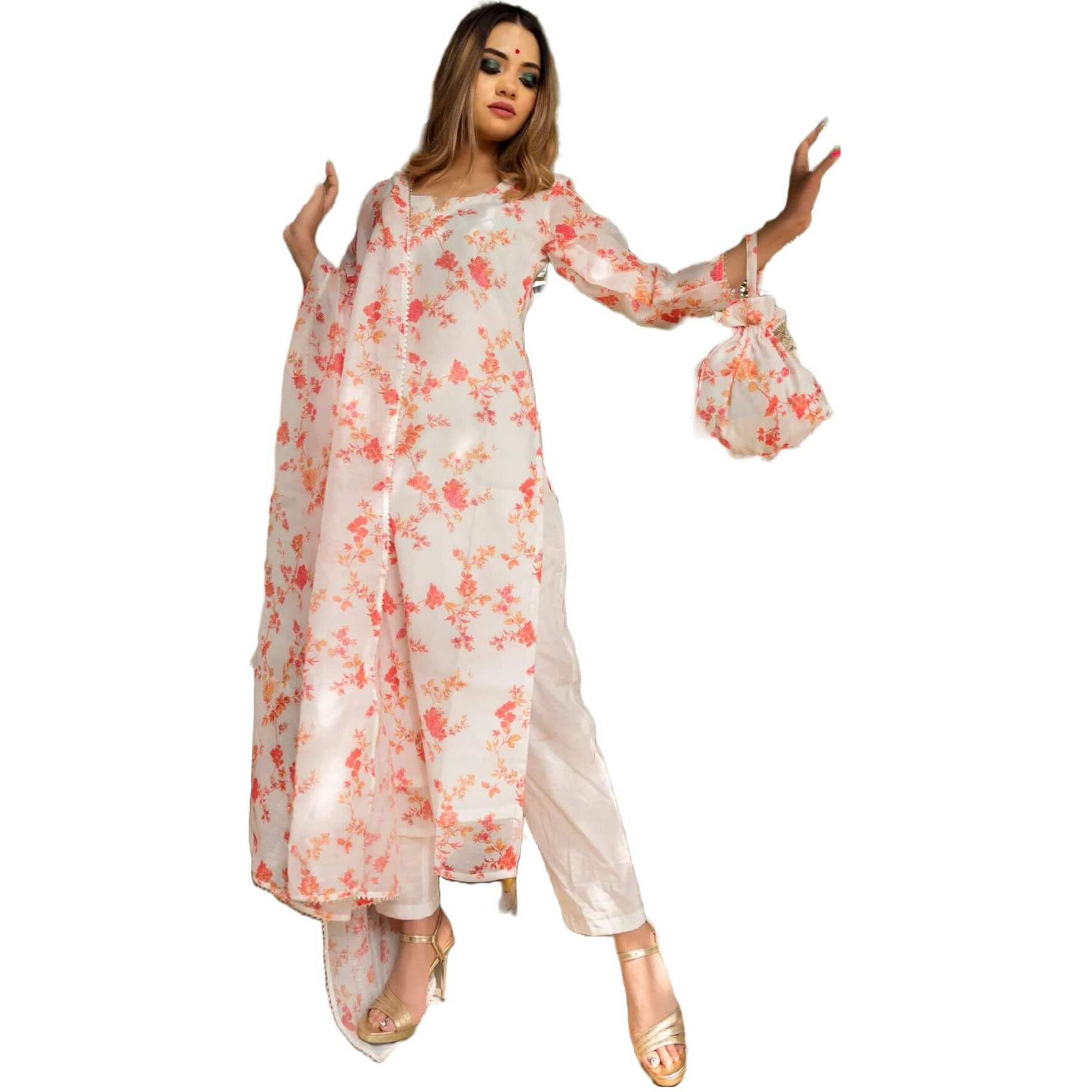 Gosriki Women's Chanderi Floral Printed Straight Kurta With Pants & Dupatta (Jakhani-Multi_M-Gs_White_Medium)