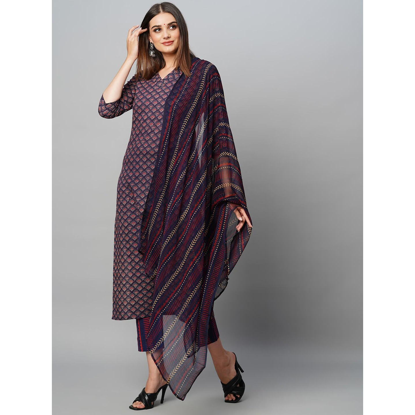 Gosriki Women's Cotton Blend Straight Printed Kurta With Pant & Dupatta (Farali Blue-Gs_S_Blue_Small)