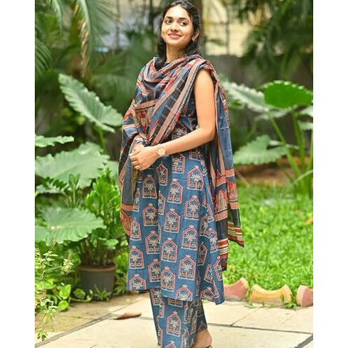 Gosriki Women's Rayon Blend Anarkali Printed Kurta With Palazzo & Dupatta (Nethra Blue-Gs_Xxl_Blue_Xx-Large)