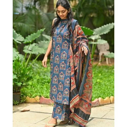Gosriki Women's Rayon Blend Anarkali Printed Kurta With Palazzo & Dupatta (Nethra Blue-Gs_Xxl_Blue_Xx-Large)