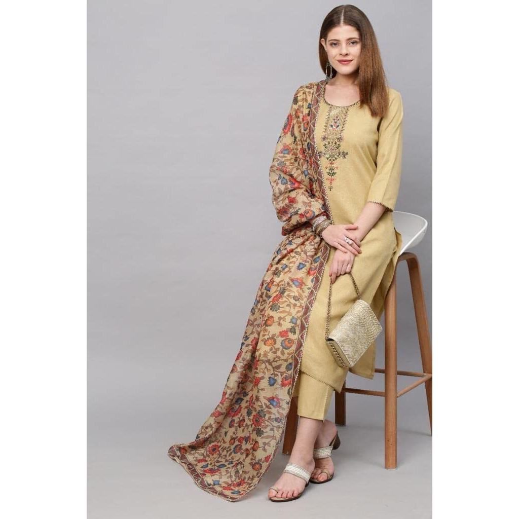 Gosriki Women's Cotton Blend Straight Printed Kurta With Pant & Dupatta (Authentic Beige_L-Go_Beige_Large)