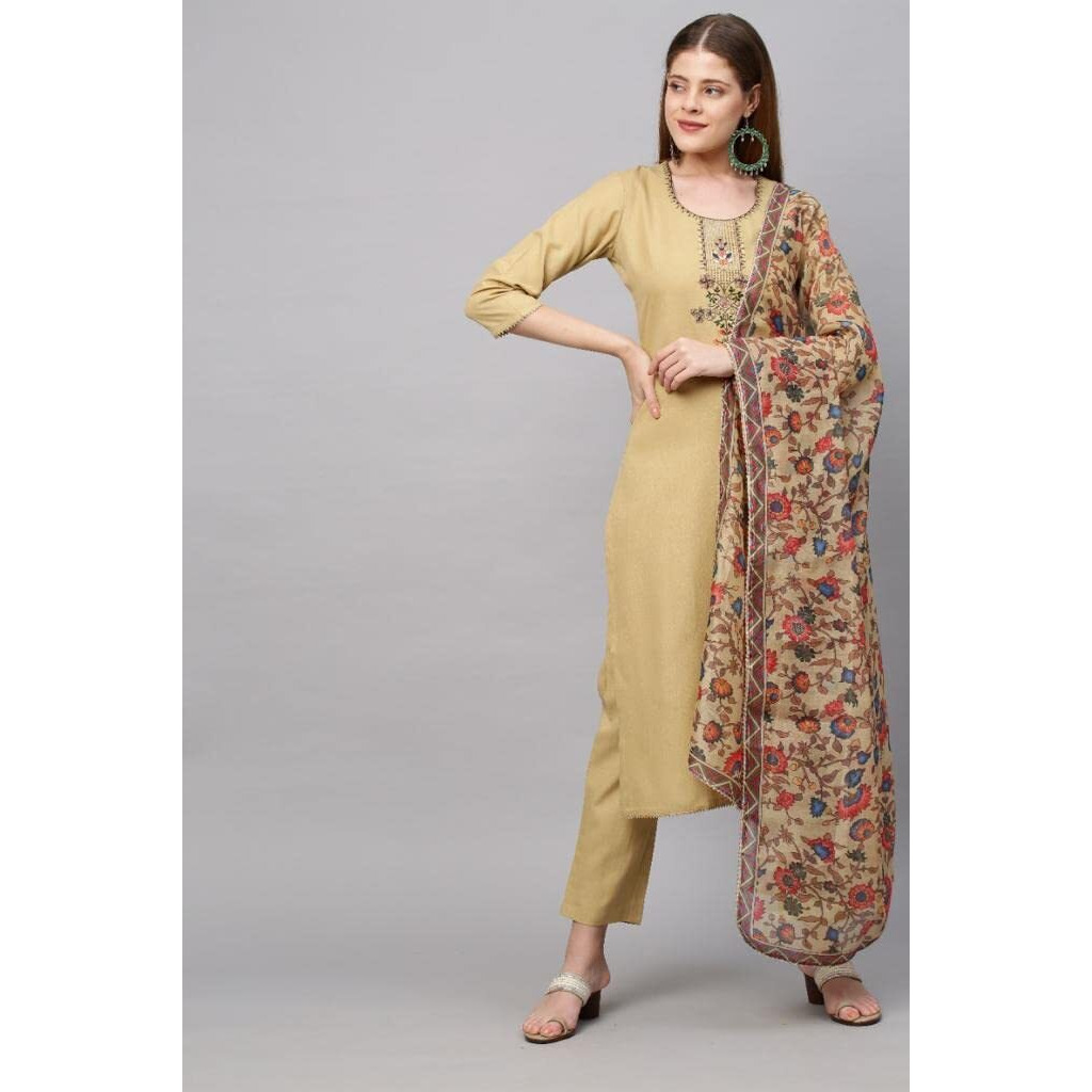 Gosriki Women's Cotton Blend Straight Printed Kurta With Pant & Dupatta (Authentic Beige_L-Go_Beige_Large)