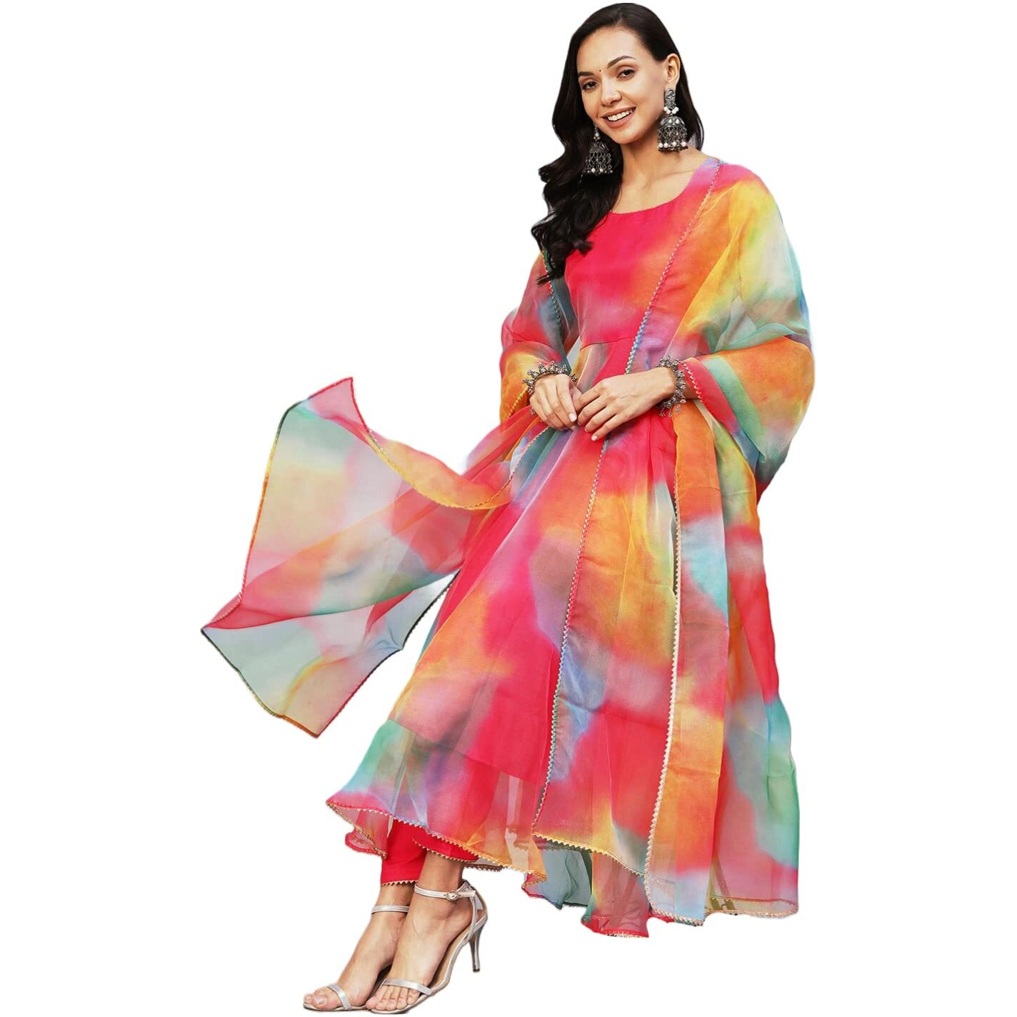 Gosriki Women's Organza Anarkali Floral Printed Kurta With Pant & Dupatta (Chakrika-Multi-Gs_M_Multi_Medium) Multicolour