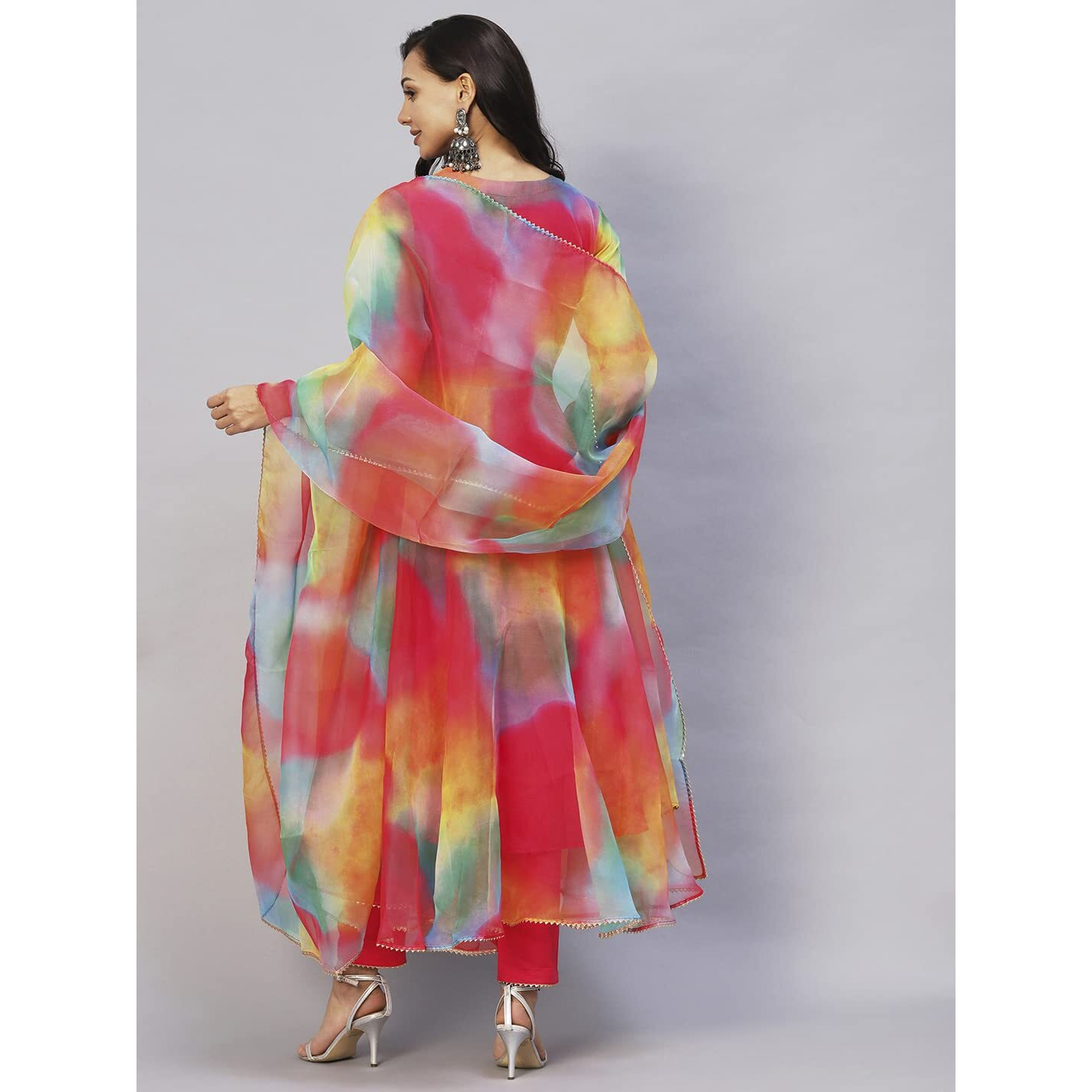 Gosriki Women's Organza Anarkali Floral Printed Kurta With Pant & Dupatta (Chakrika-Multi-Gs_M_Multi_Medium) Multicolour