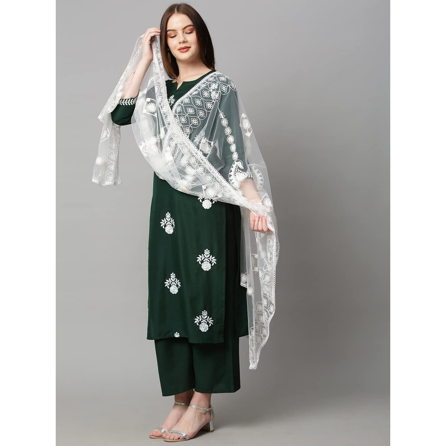 Gosriki Women's Cotton Blend Kurta With Palazzo & Dupatta (Coin-Go_Green_Medium)