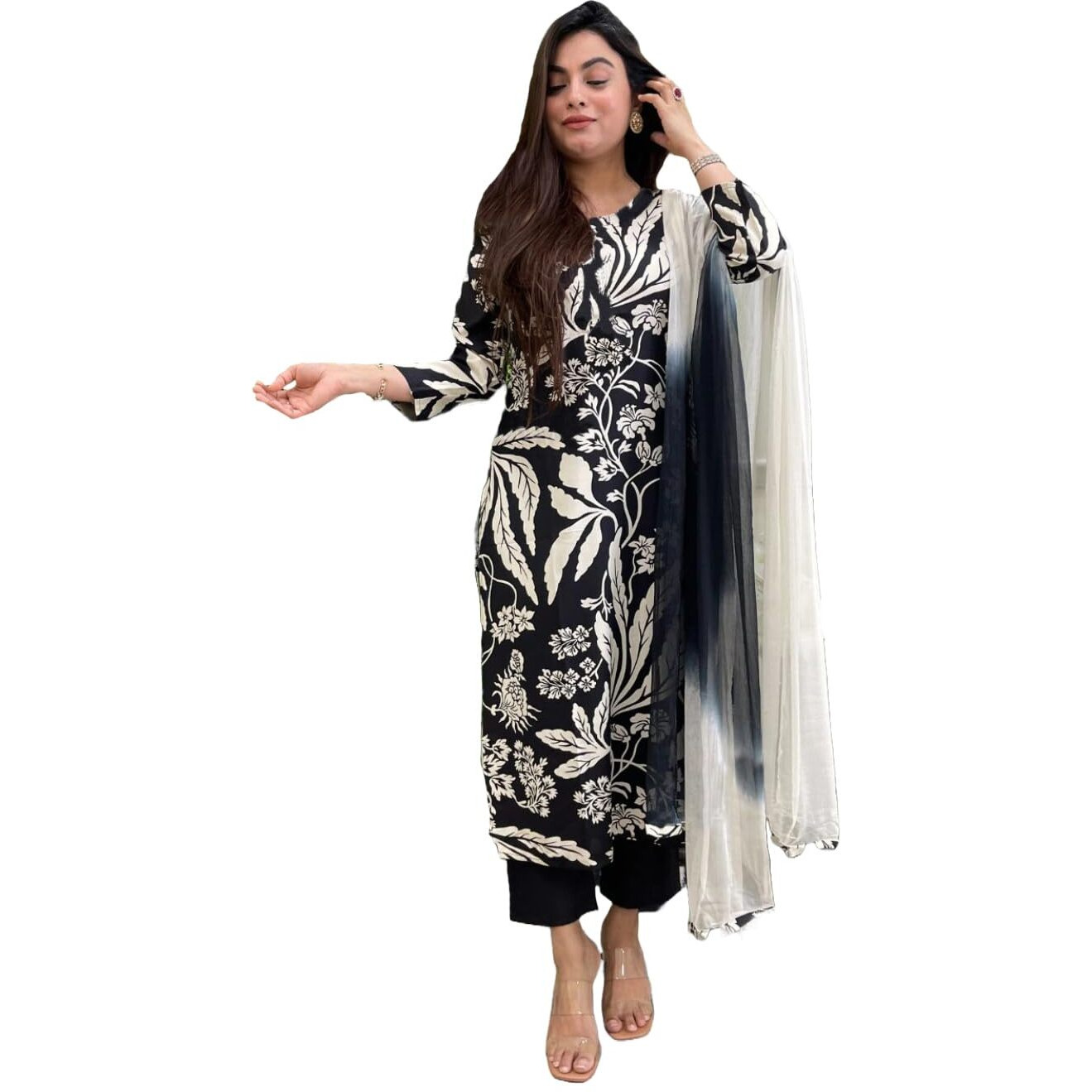 Gosriki Women's Cotton Blend Printed Straight Kurta With Pant & Dupatta (Jasper Black-Gs_S_Black_Small)