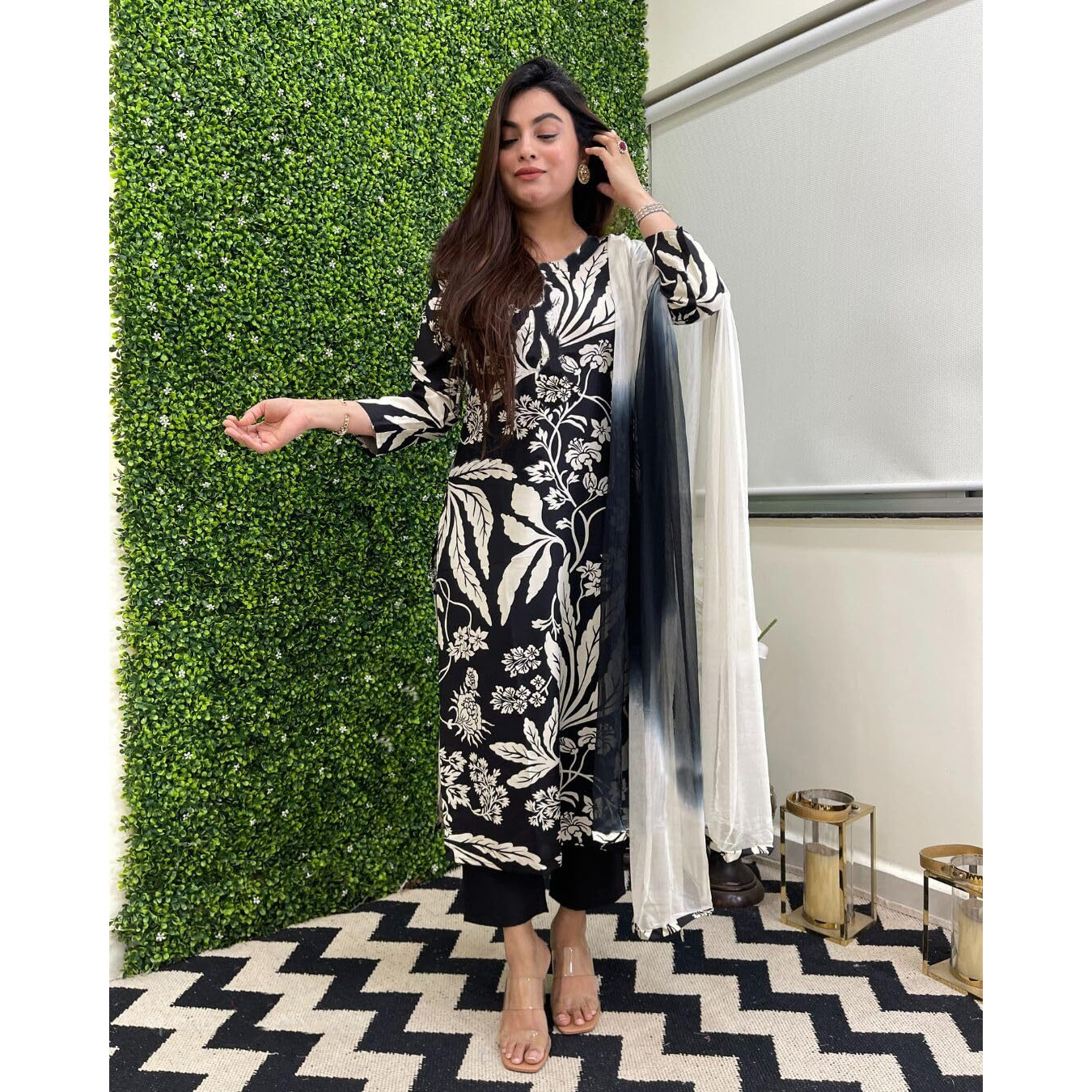 Gosriki Women's Cotton Blend Printed Straight Kurta With Pant & Dupatta (Jasper Black-Gs_S_Black_Small)