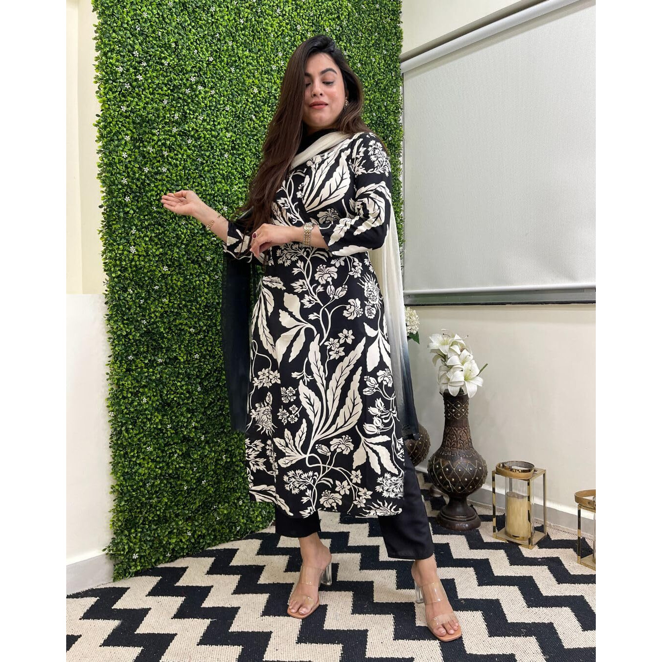 Gosriki Women's Cotton Blend Printed Straight Kurta With Pant & Dupatta (Jasper Black-Gs_S_Black_Small)