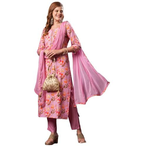 Gosriki Women's Cotton Blend Printed Straight Kurta And Pant With Dupatta (Kaleping-Pink-Nw-Gs_S_Pink_Small)