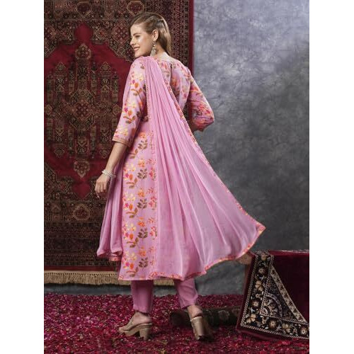 Gosriki Women's Cotton Blend Printed Straight Kurta And Pant With Dupatta (Kaleping-Pink-Nw-Gs_S_Pink_Small)