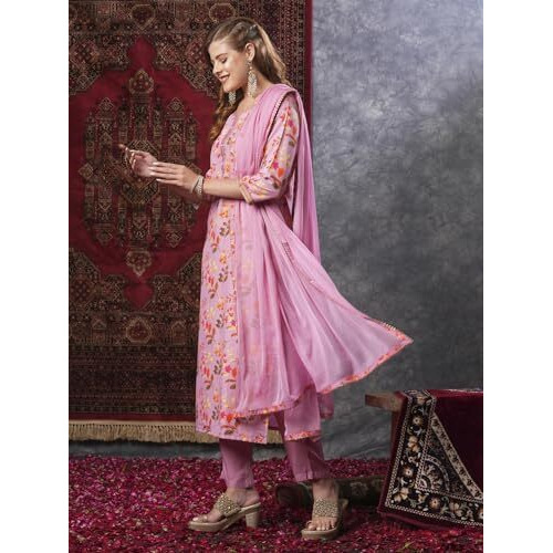 Gosriki Women's Cotton Blend Printed Straight Kurta And Pant With Dupatta (Kaleping-Pink-Nw-Gs_S_Pink_Small)