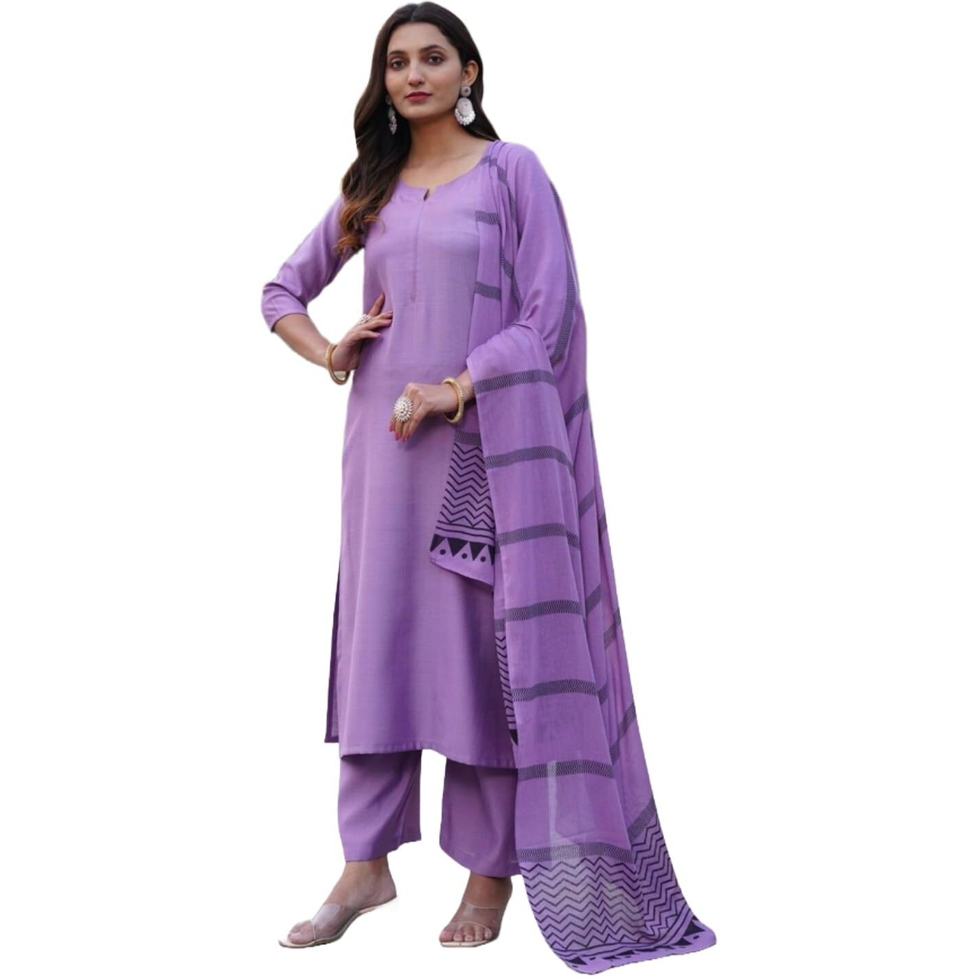 Gosriki Women's Rayon Blend Solid Straight Kurta With Pant & Dupatta (Raja Saab Purple-Vks05-Gs_S_Purple_Small)