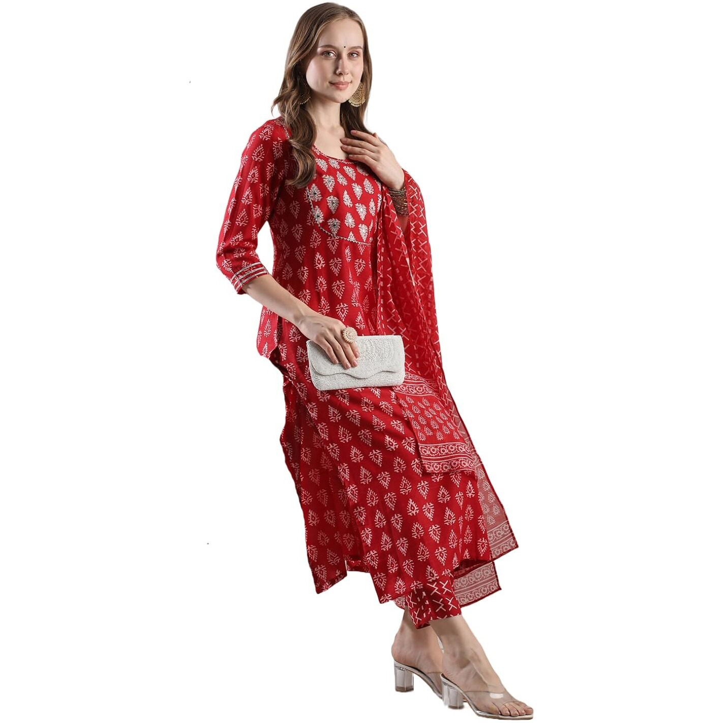 Gosriki Women's Rayon Blend Printed Straight Kurta With Pant & Dupatta (Mau Red-Vks02-Gs_L_Red_Large)