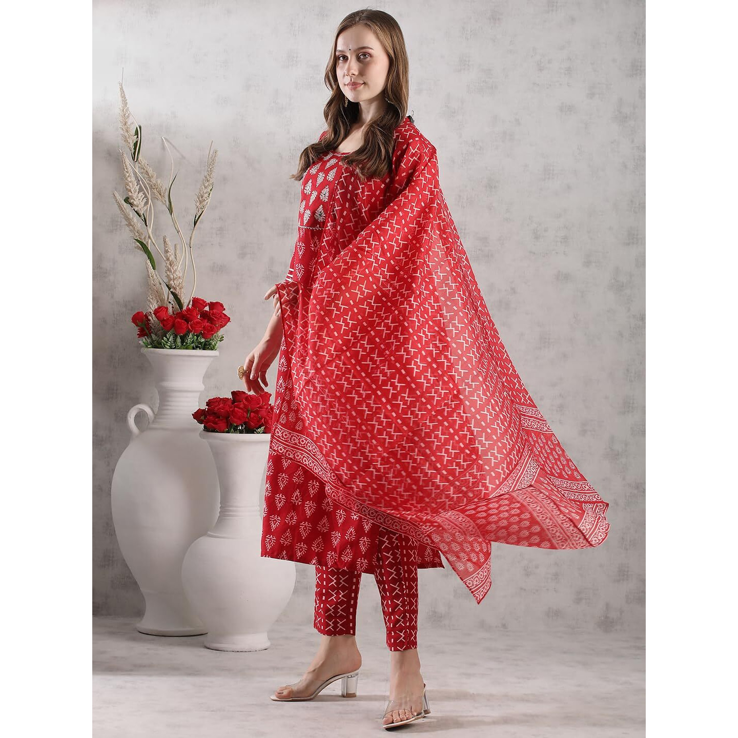 Gosriki Women's Rayon Blend Printed Straight Kurta With Pant & Dupatta (Mau Red-Vks02-Gs_L_Red_Large)