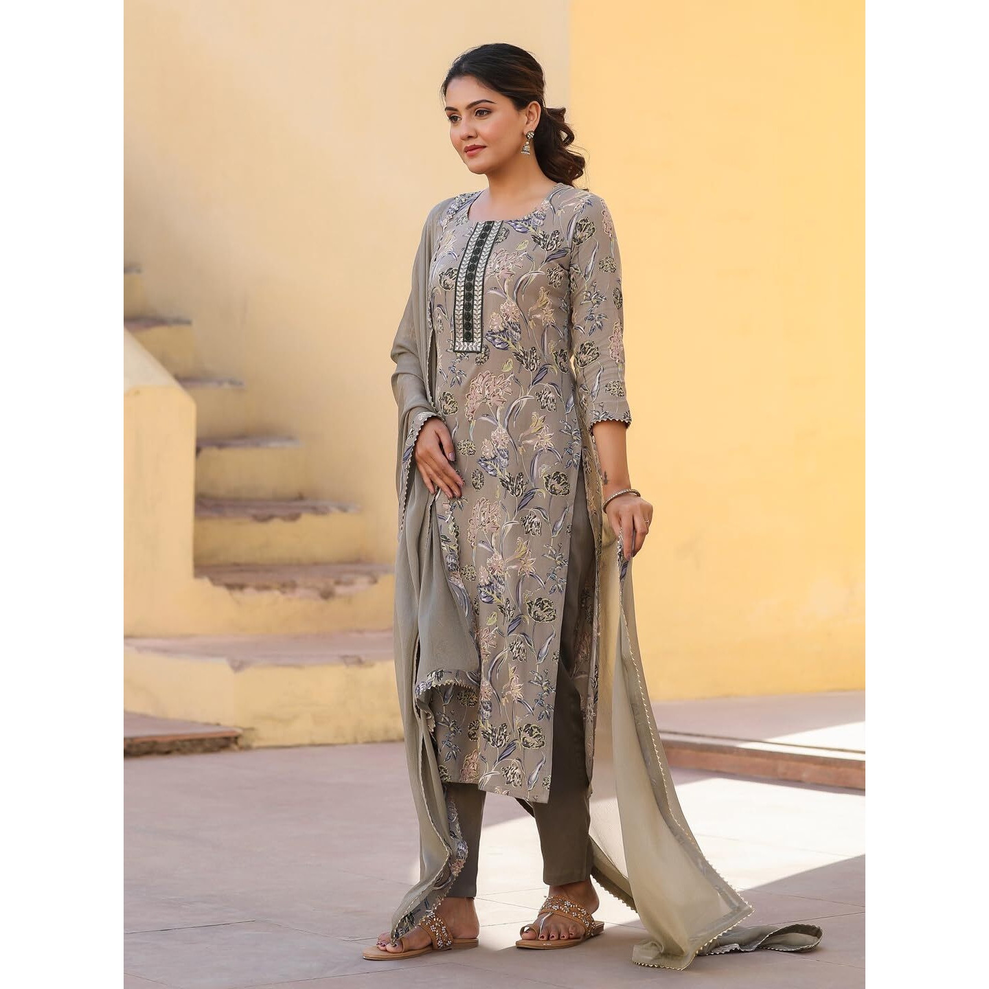 Gosriki Women's Rayon Blend Printed Straight Kurta With Pant & Dupatta (Vice Grey-Nw-Gs_S_Grey_Small)